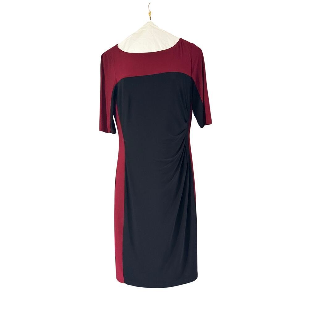 CHAPS Woman Colorblock Red Black 3/4 Sleeve Ruched Waist Sheath Dress Medium